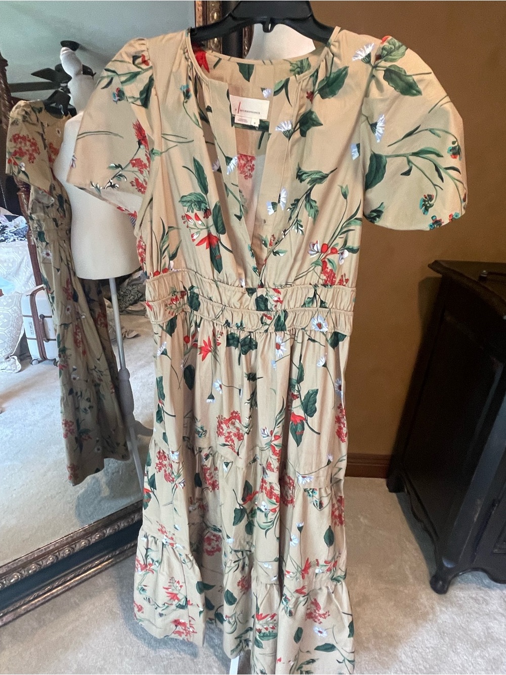 Anthropology beige  Floral Tiered Midi Dress with Green & Red Print